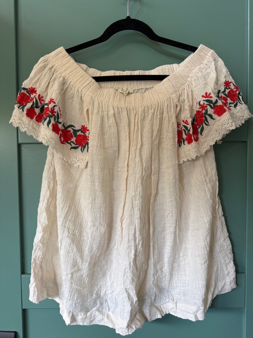 easel Cream Off-Shoulder Blouse with Red Floral Embroidery